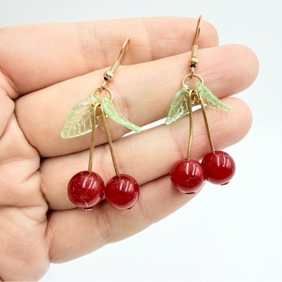 Handmade Jewelry - Cherry Drop Earrings with Green Leaf Detail – Gold Tone Dangle